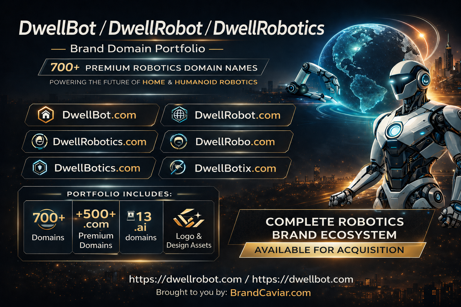 DwellRobot, DwellBot, and DwellRobotics domain portfolio preview including core domains and acquisition summary